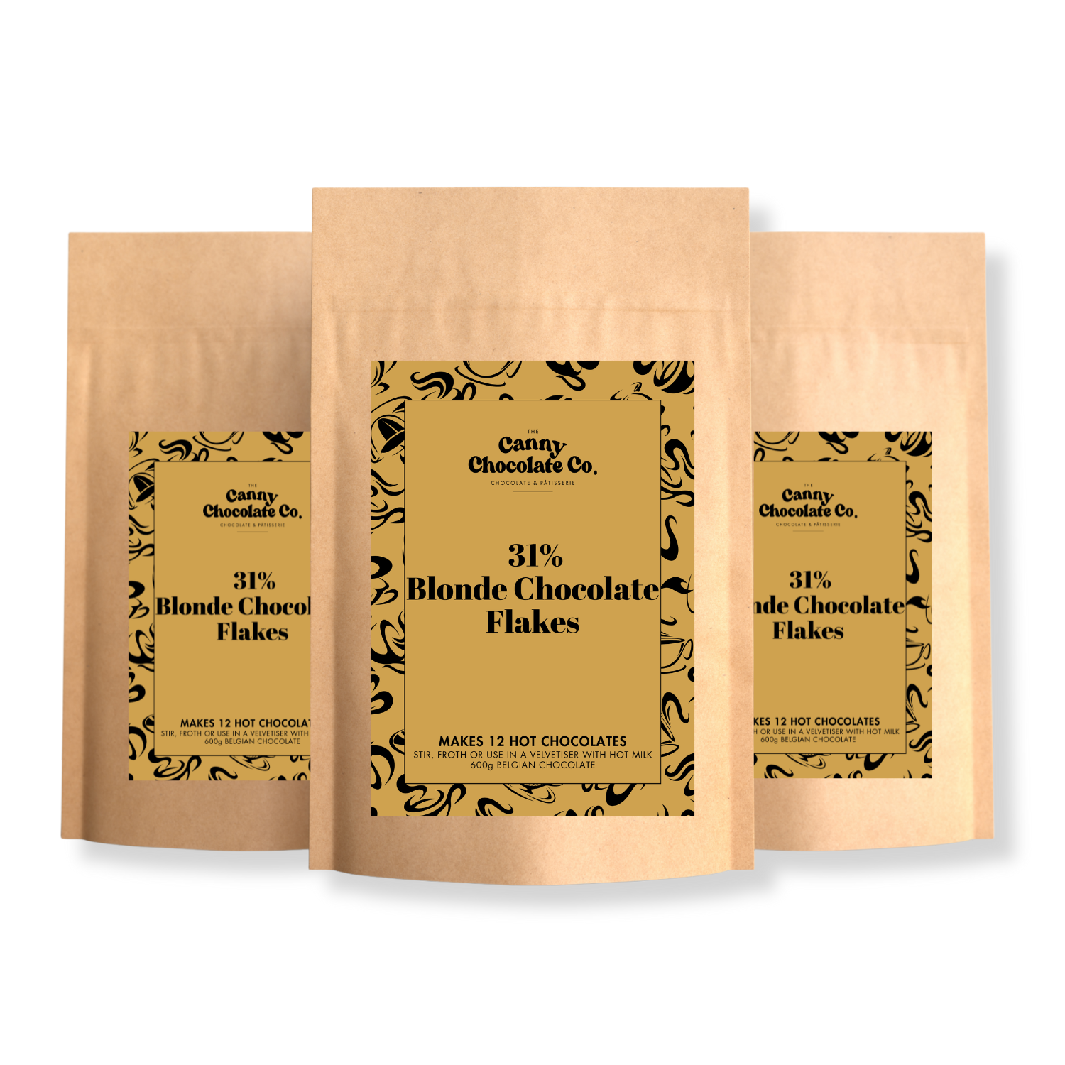 Bag of Belgian Blonde Chocolate Hot Chocolate Flakes for silky caramel-style hot chocolate
