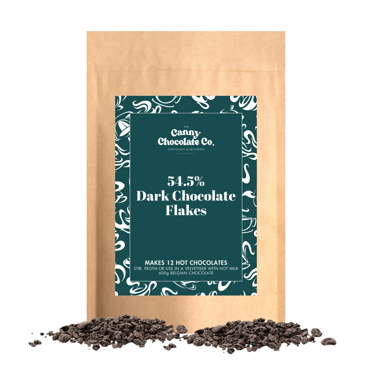 Bag of Belgian Dark Chocolate Flakes for rich, indulgent hot chocolate
