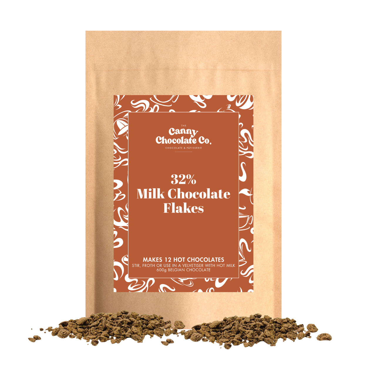 Bag of Belgian Milk Chocolate Flakes for creamy homemade hot chocolate

