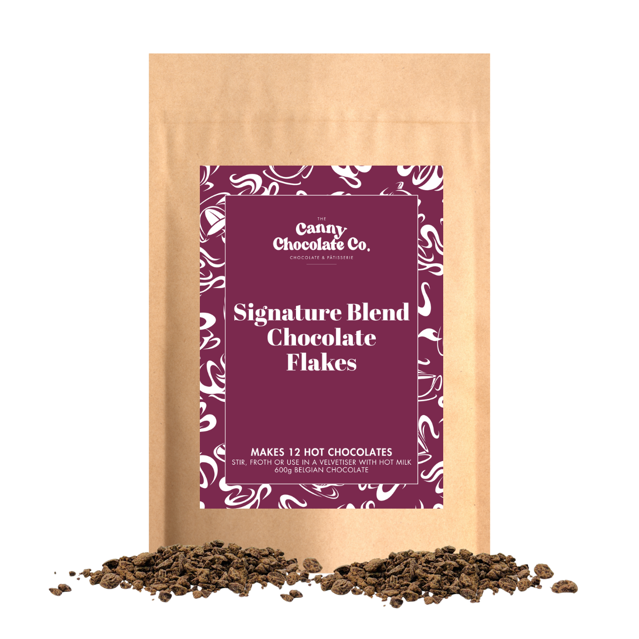 Bag of Belgian Hot Chocolate Flakes Signature Blend – mix of milk and dark chocolate
