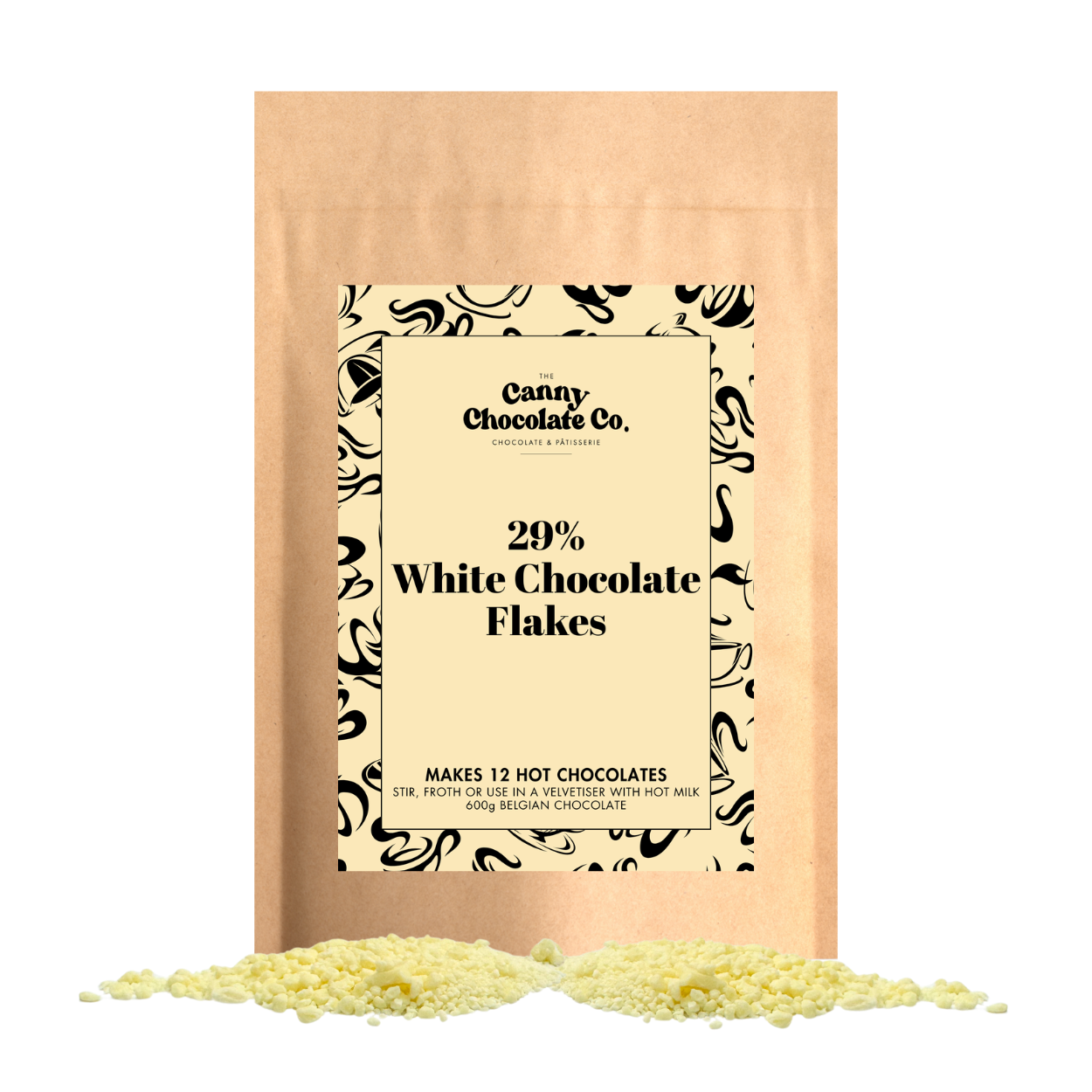 Bag of Belgian White Chocolate Flakes for velvety sweet hot chocolate
