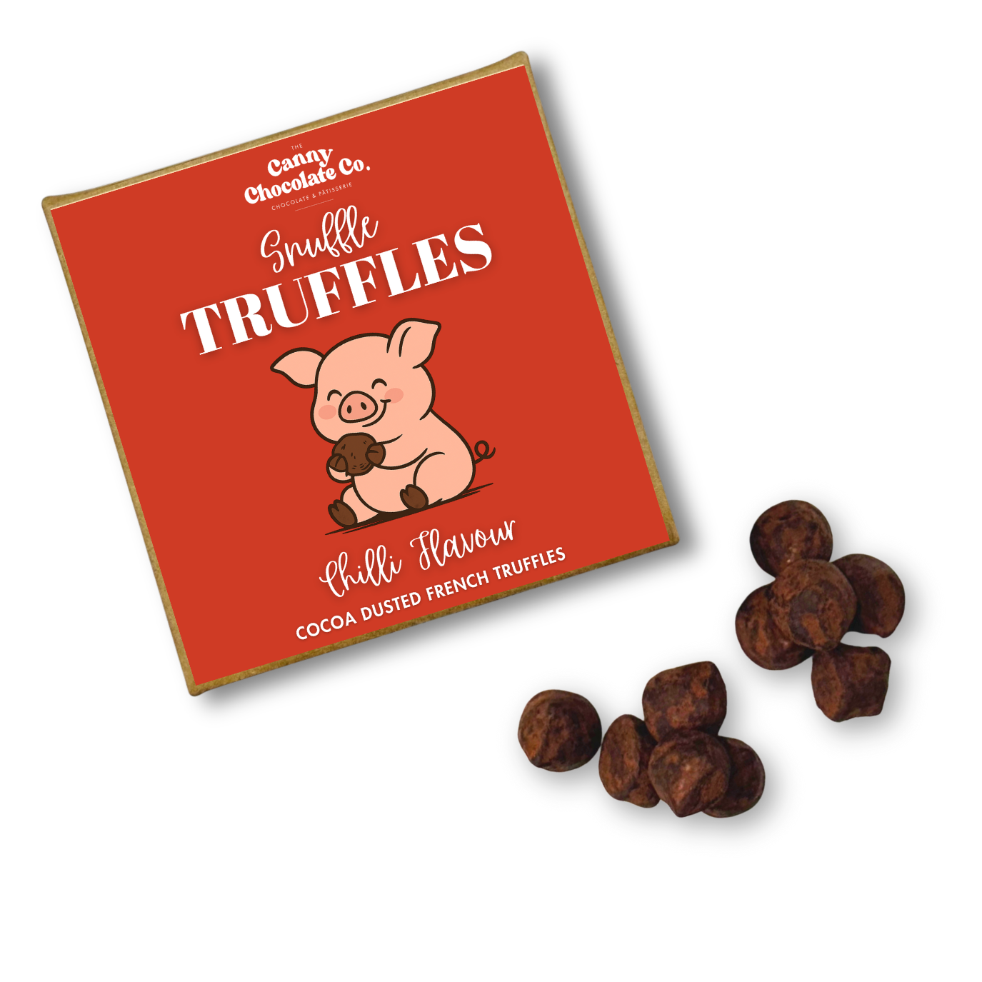 Chilli Snuffle Truffles – dark chocolate with warming chilli, pig logo
