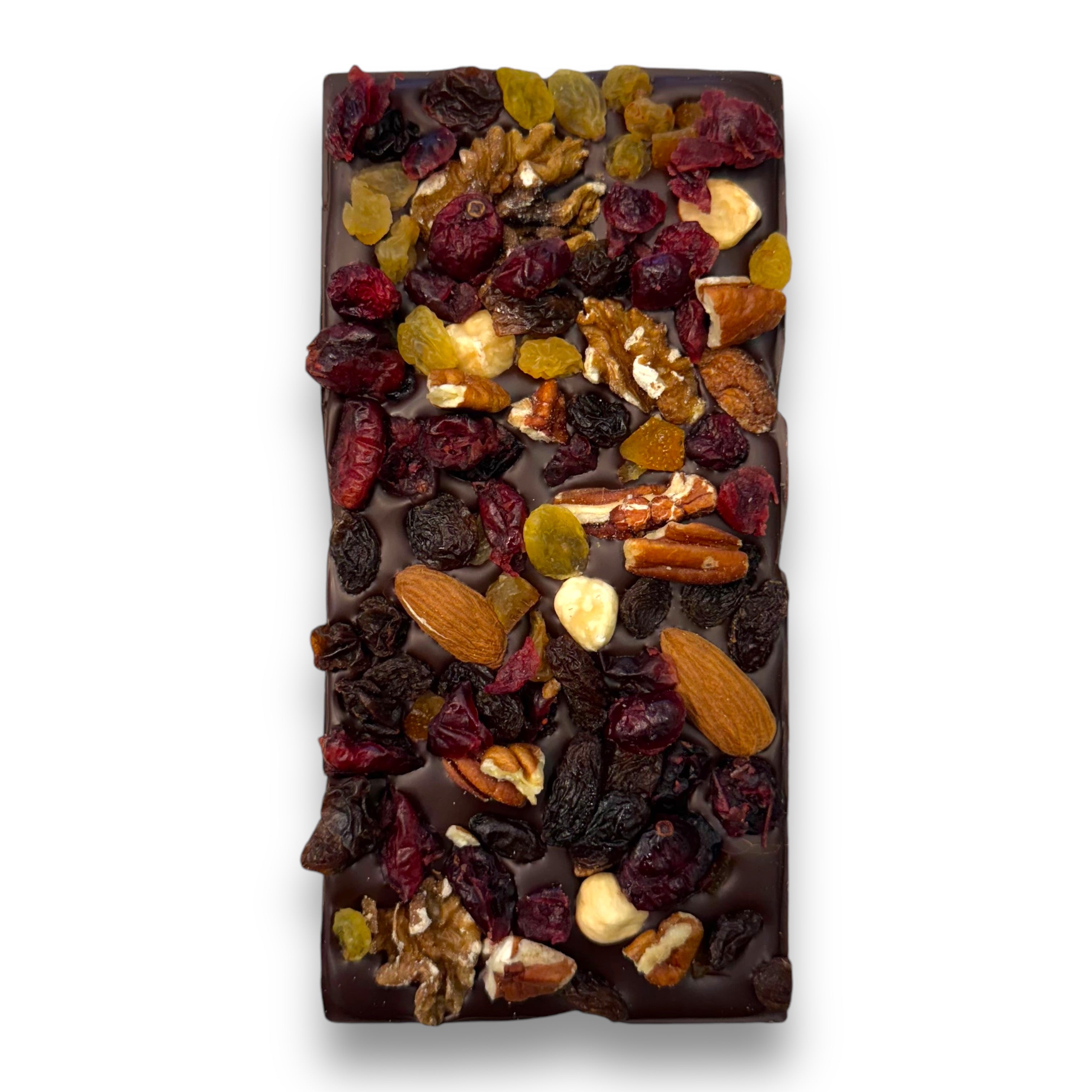 Dark Chocolate Fruit & Nut Bar with mixed nuts, raisins, cranberries, and candied orange peel
