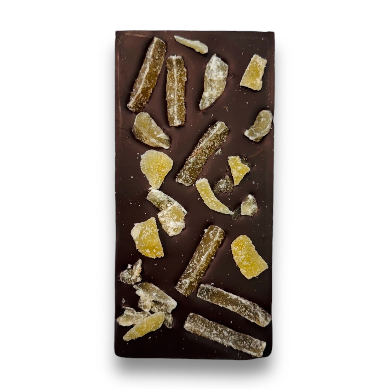 Dark Chocolate Ginger Bar topped with crystallised ginger pieces
