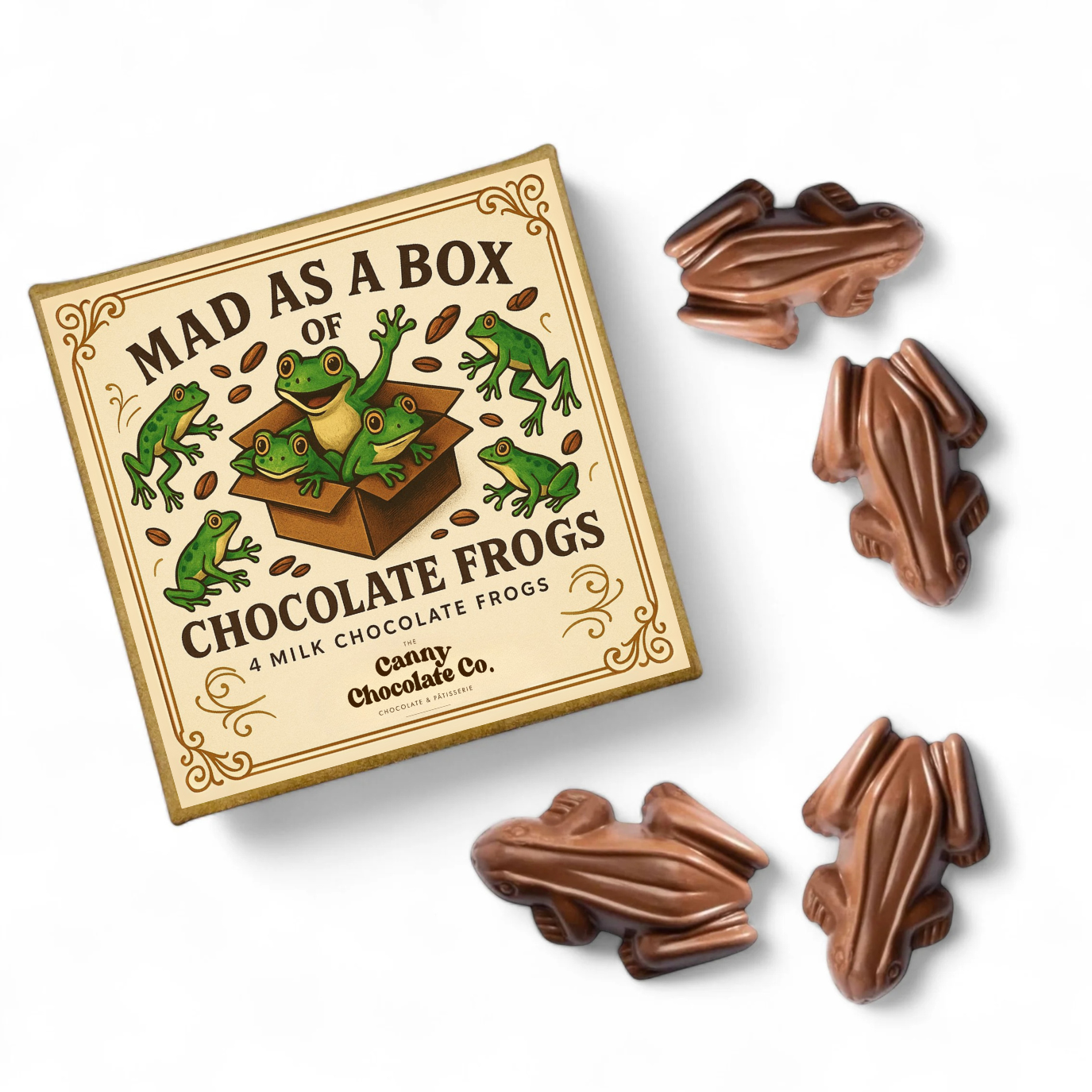 Box of 4 milk chocolate frogs – whimsical chocolate treat
