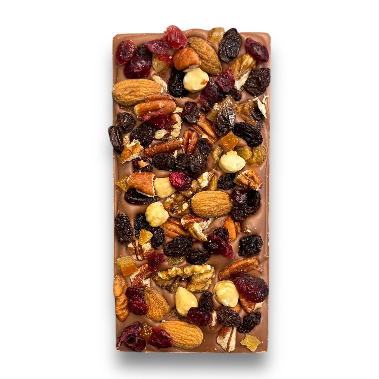 Milk Chocolate Fruit & Nut Bar with almonds, hazelnuts, raisins, cranberries, and candied orange peel
