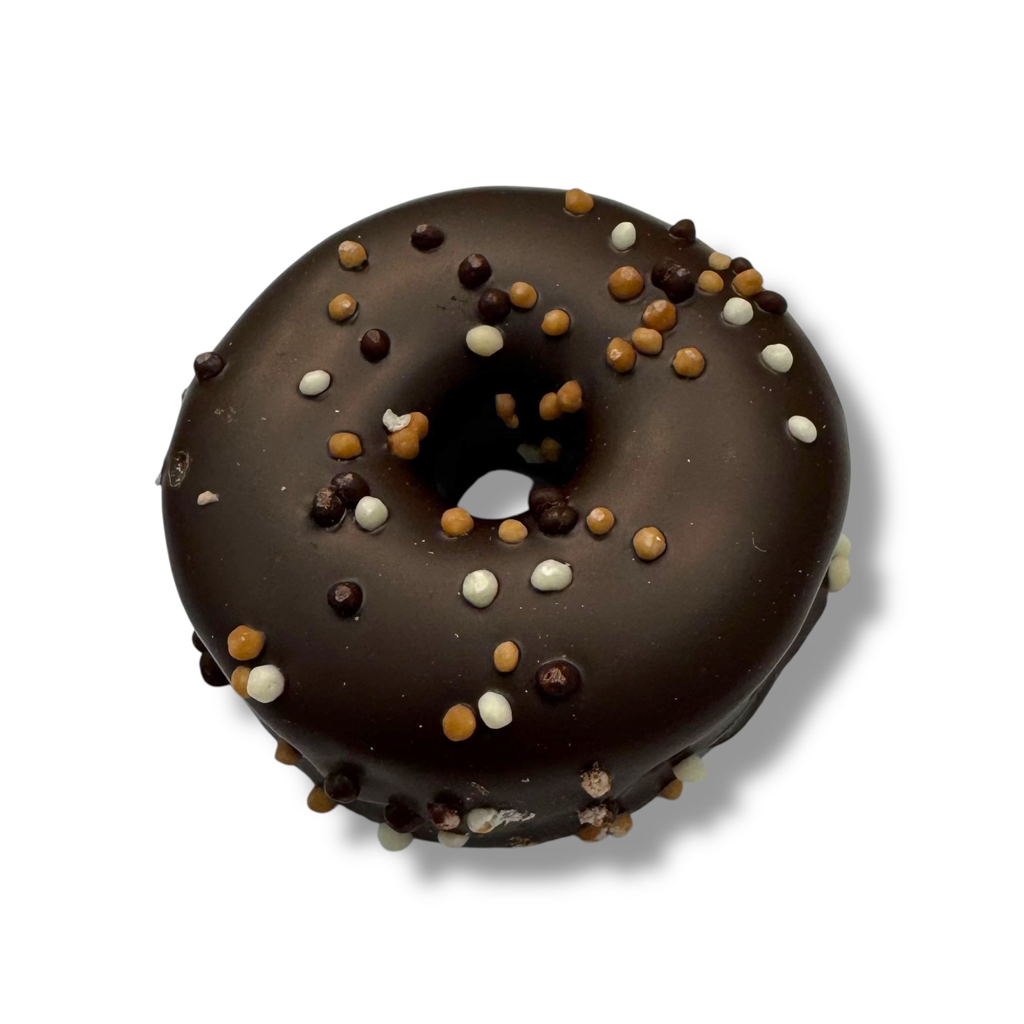 Mini Vanilla Marshmallow Doughnut in dark chocolate with pearl biscuit sprinkles
