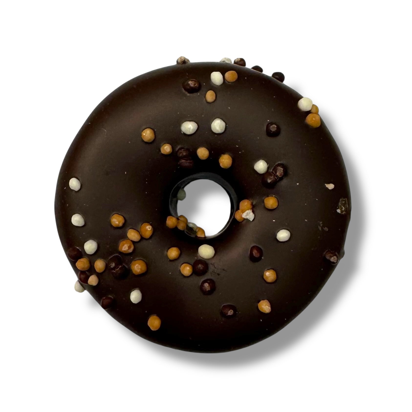 Mini Vanilla Marshmallow Doughnut in dark chocolate with pearl biscuit sprinkles

