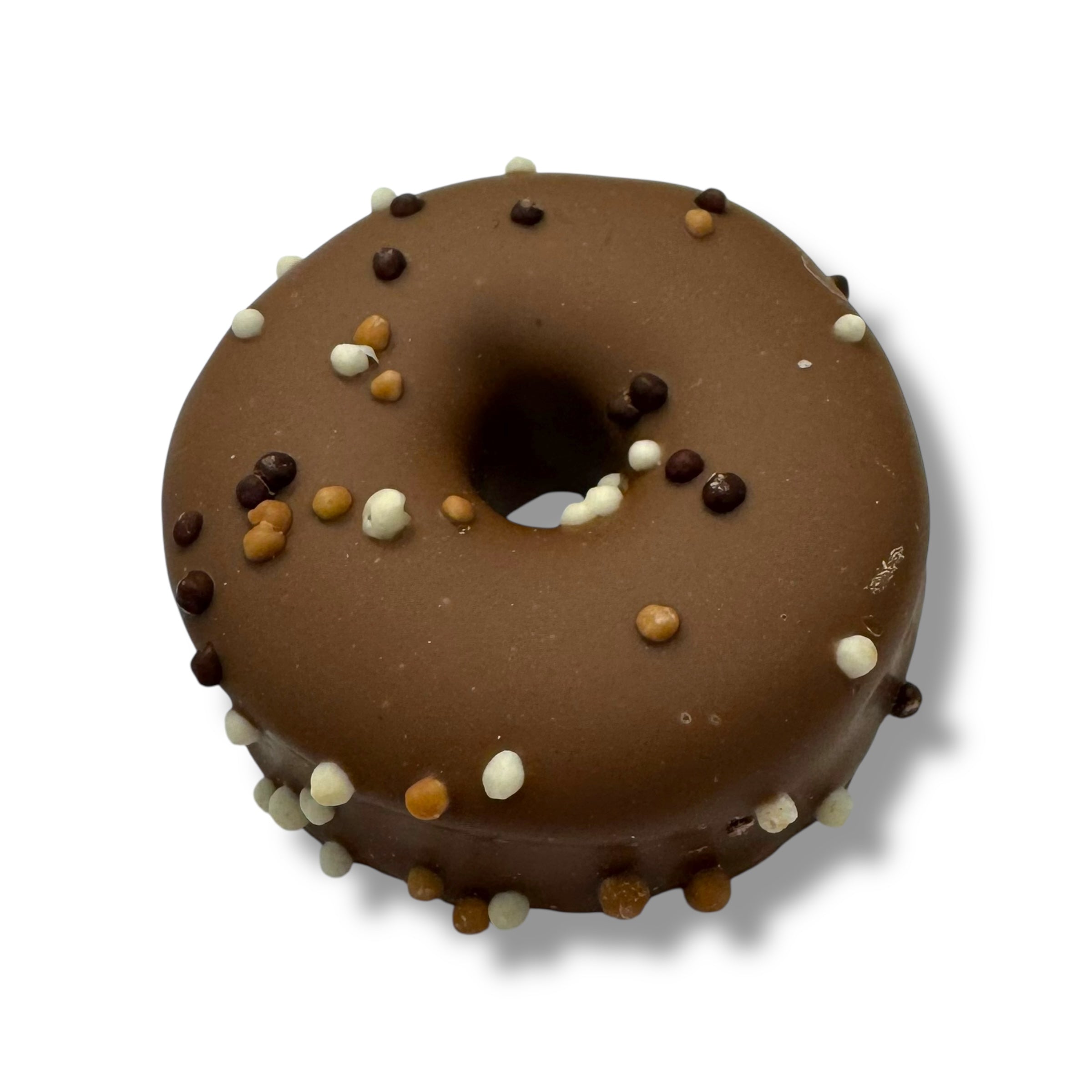 Mini Vanilla Marshmallow Doughnut in milk chocolate with pearl biscuit sprinkles
