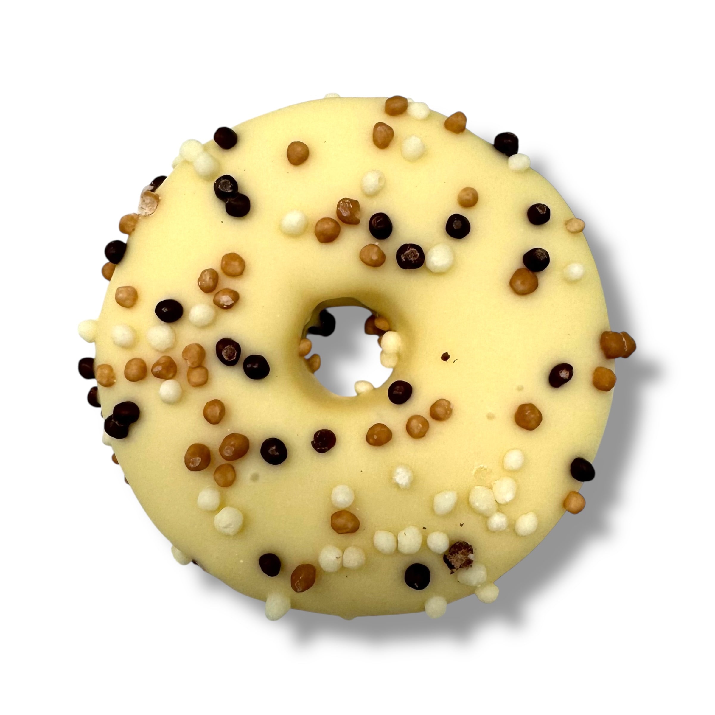 Mini Vanilla Marshmallow Doughnut in white chocolate with pearl biscuit sprinkles
