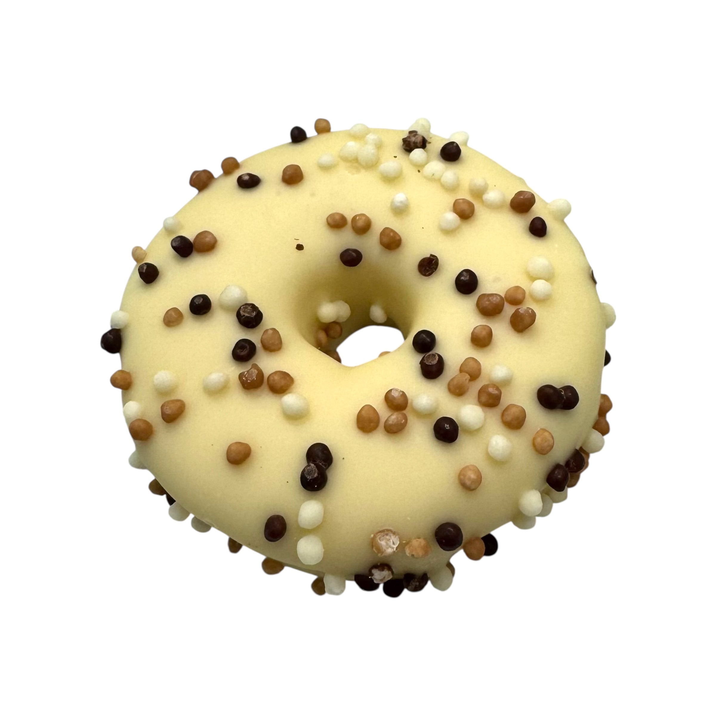 Mini Vanilla Marshmallow Doughnut in white chocolate with pearl biscuit sprinkles
