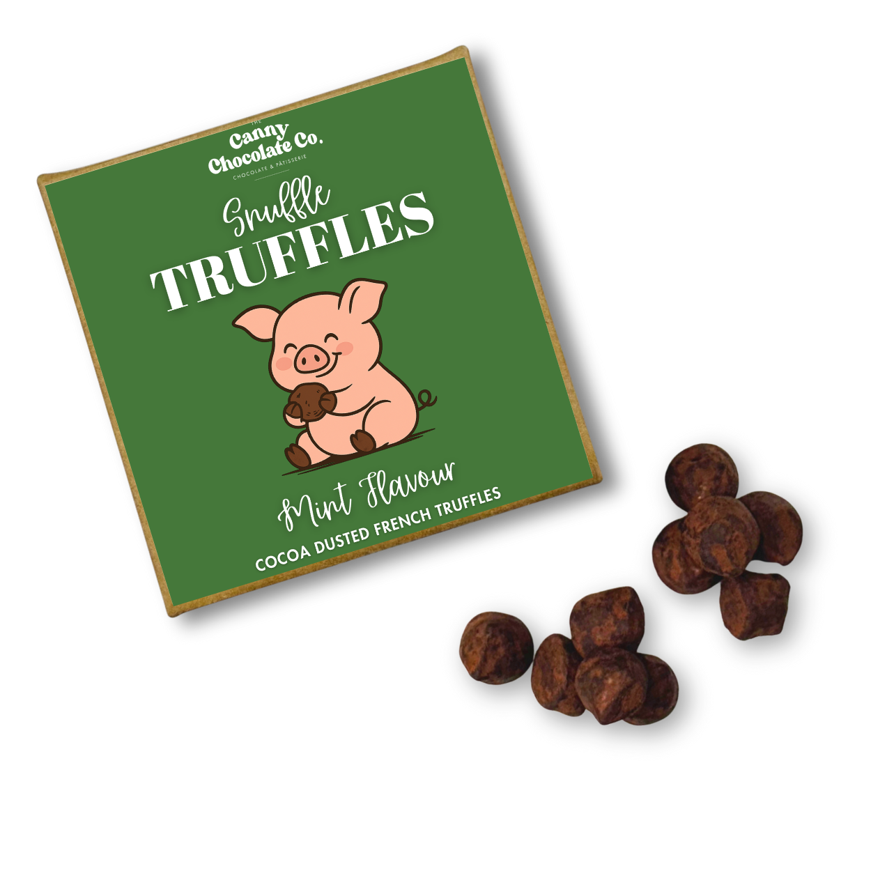 Mint Snuffle Truffles – dark chocolate with mint centre, pig logo
