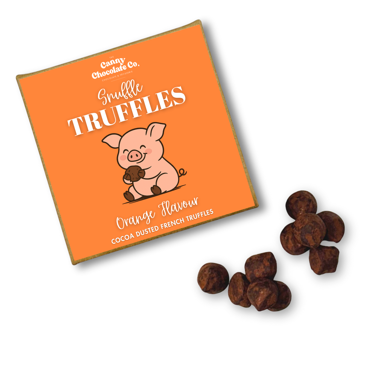 Orange Snuffle Truffles – dark chocolate with orange peel, pig logo
