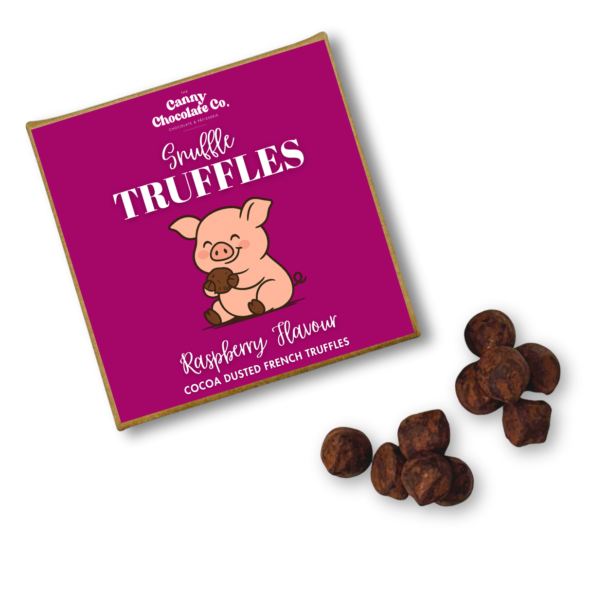 Raspberry Snuffle Truffles – dark chocolate with raspberry pieces, pig logo
