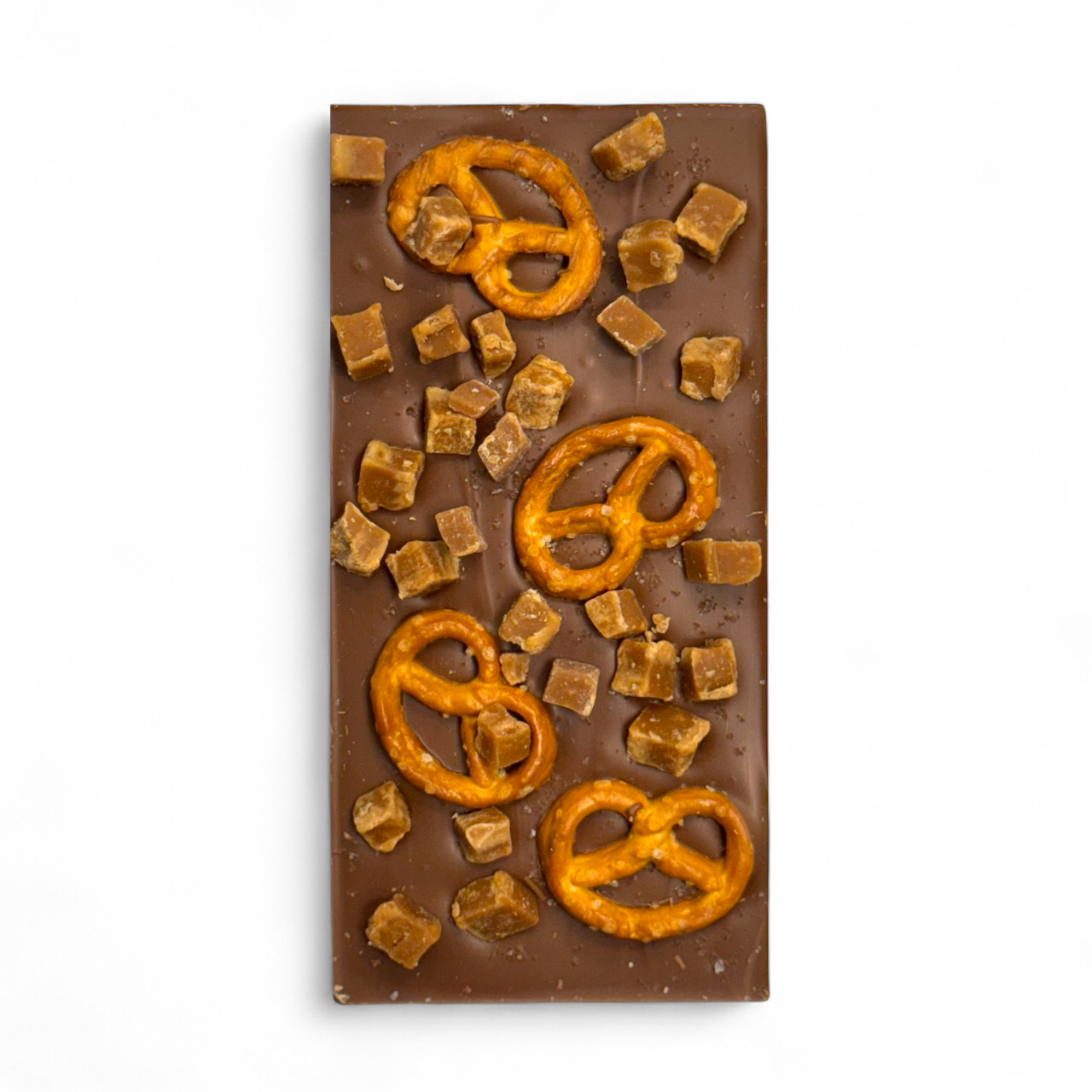 Sea Salt Pretzel & Fudge Chocolate Bar topped with pretzel, fudge chunks, and sea salt
