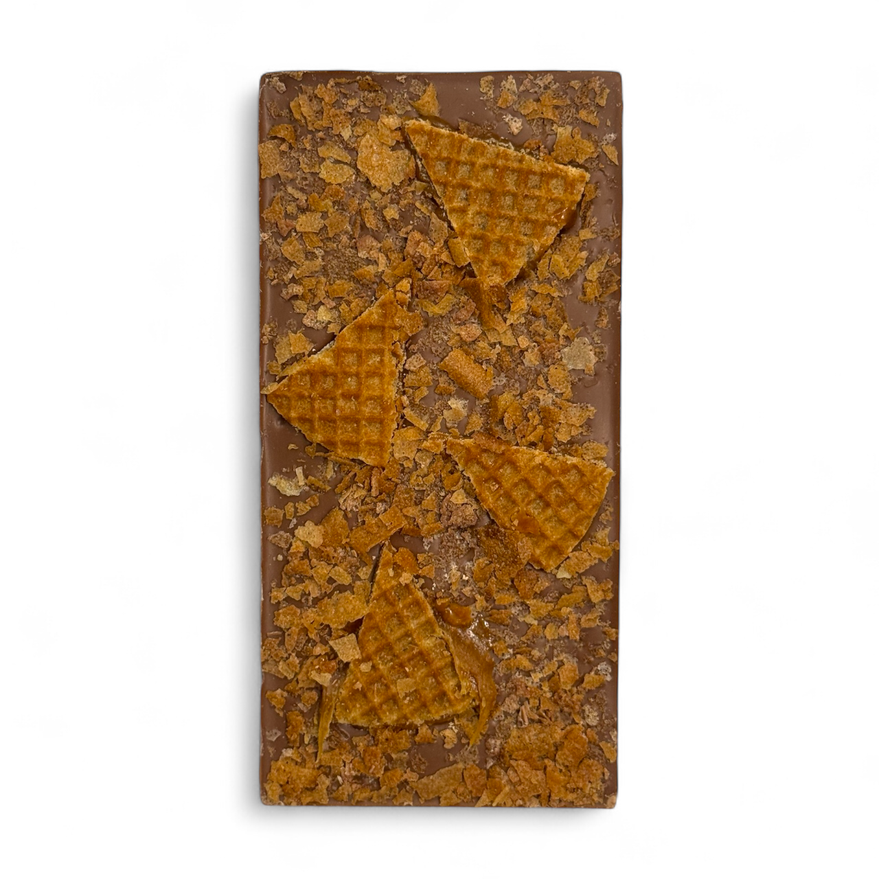 Stroopwafel Crunch Chocolate Bar topped with feuillatine and caramel stroopwafel pieces
