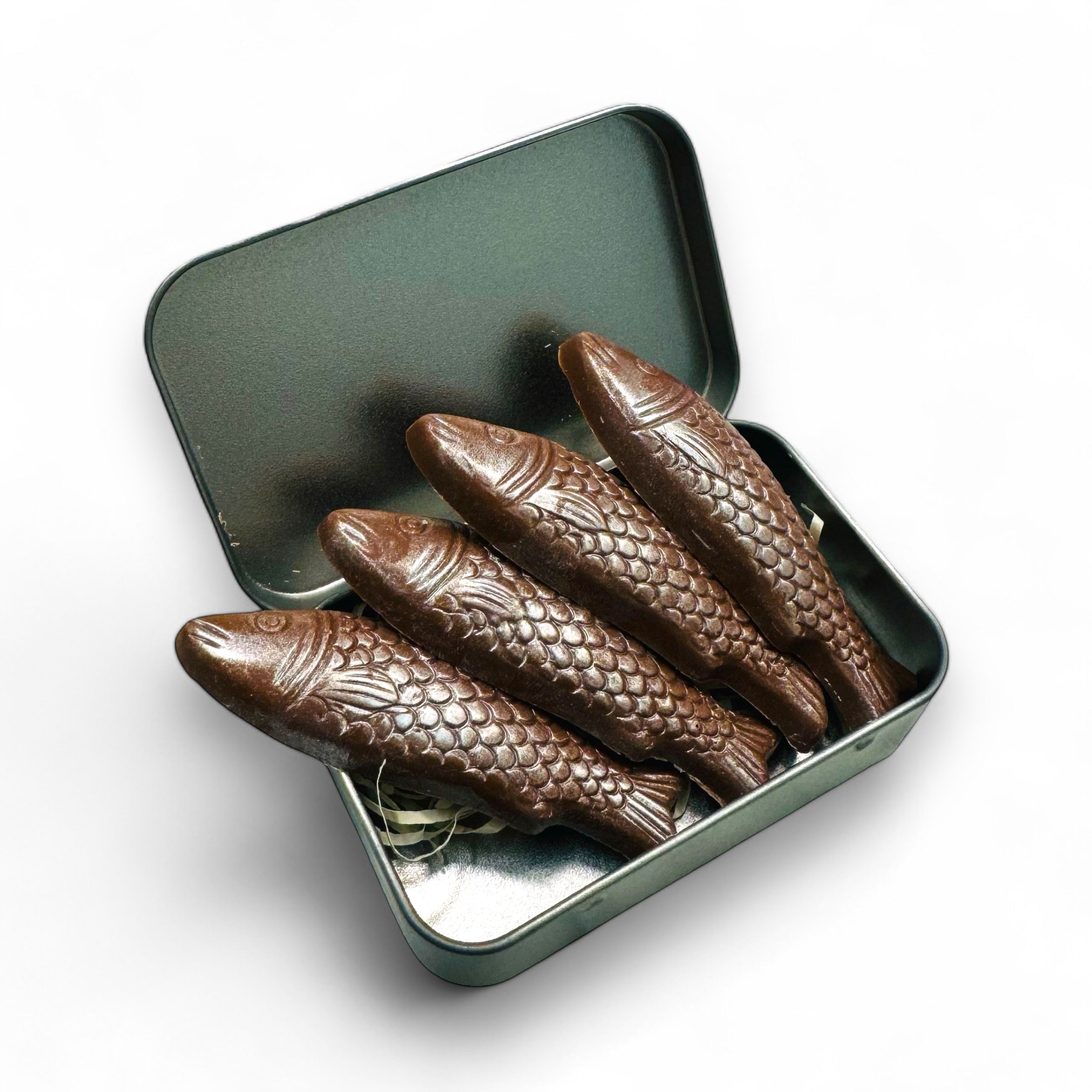 Tin of Milk Chocolate Fish – novelty Belgian chocolate sardines
