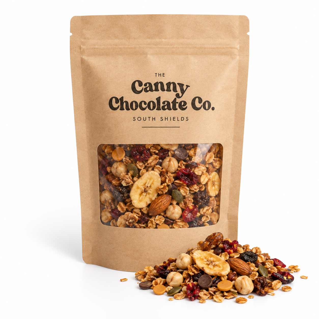 The Canny Chocolate Company artisan chocolate granola in a kraft pouch with nuts, dried fruit, and blonde chocolate.