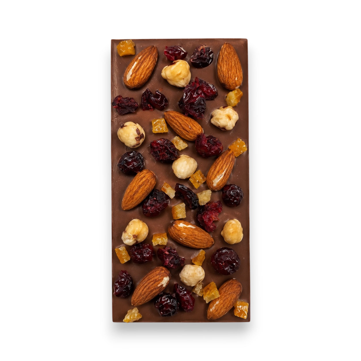 The Canny Chocolate Company milk chocolate bar topped with dried cranberries, candied orange, almonds, and hazelnuts.